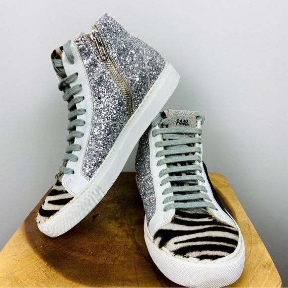 P448 high top glitter sneaker leopard print pony hair - Picture 1 of 12